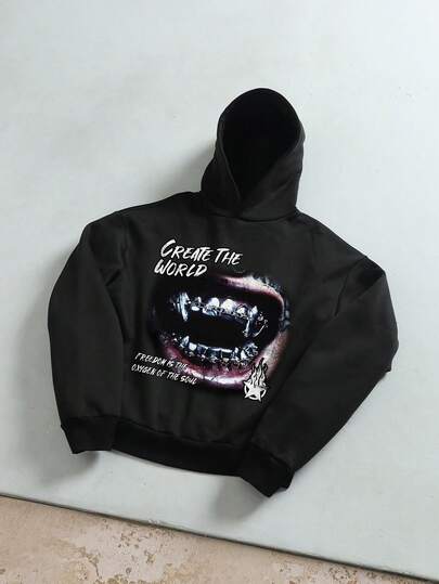 Manfinity ZONE917 Distressed Vampire Teeth Slogan Oversized Graphic Print Loose Fit Short Hoodie