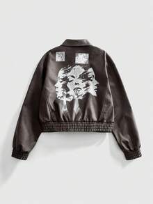 ROMWE MEN Casual Men's Fashionable Figure Print Lapel PU Jacket, Autumn - Brown - View 1