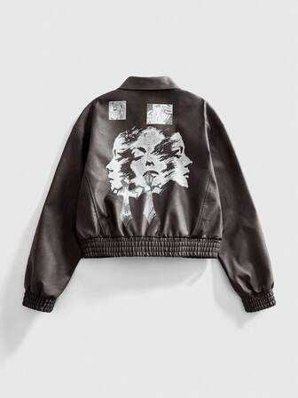 Grunge Punk Chaqueta de PU con estampado de figura y solapa de moda para hombre, otoño