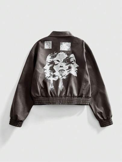 Grunge Punk Men's Fashionable Figure Print Lapel PU Jacket, Autumn