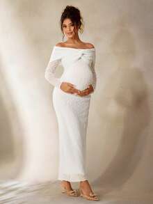 Cheriluna Maternity 孕妇单肩长袖扭结设计修身写真连衣裙，白色，新年夜 - 白色 - 查看 4