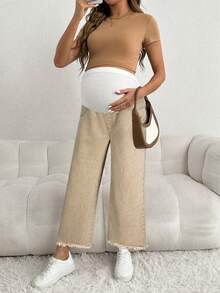 SHEIN Maternity Casual Loose Cropped Jeans With Waistband Patchwork - Apricot - View 6