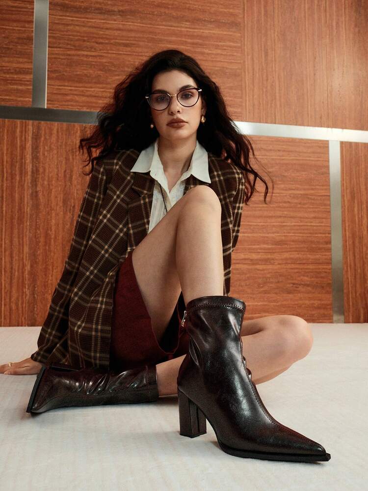 CUCCOO BIZCHIC Chocolate Brown Pointed-Toe Ankle Boots | Side Zipper Closure | Matte Leather-Look | 2" Block Heel | 2 Pairs, Premium Synthetic