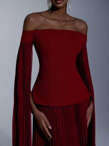 Elitara Elegant, Simple, And Stylish Burgundy, This Dress Features A Stretch Knit And Flowing Chiffon Design With Pleats, Off-The-Shoulder Neckline, Flowing Sleeves, A Full A-Line Silhouette, And A Train. Suitable For Formal Occasions, Weddings, Holidays, And Evening Gowns. - Burgundy - View 6