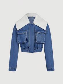 Selenza Veste en jean courte à col contrasté et poche rabat pour femmes, style mode décontracté. Automne/Hiver - Bleu azur - Voir 1