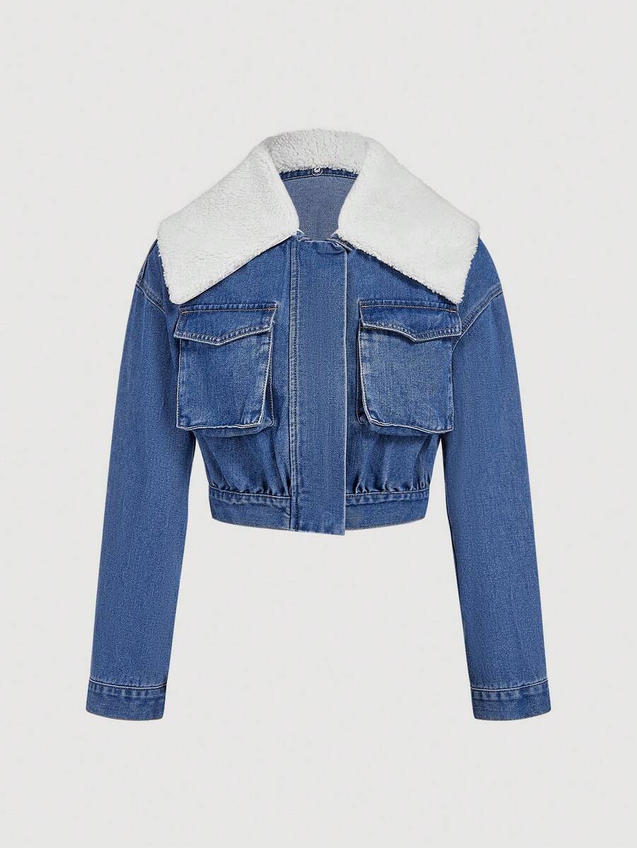 Selenza Veste en jean courte à col contrasté et poche rabat pour femmes, style mode décontracté. Automne/Hiver - Bleu azur - Voir 1