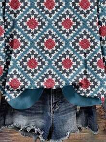 Mellowie 休闲简约菱形针织几何印花圆领宽松女式运动衫，适合秋冬季 - 彩色 - 查看 3