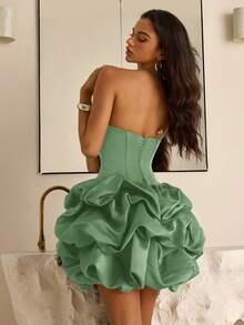 Vowa Elegant Brown Minimalist Strapless Mermaid Hem Puff Skirt With Tie Waist, Suitable For Dates, Vacations, Birthdays, Parties, Graduations, Proms - Mint Blue - View 2