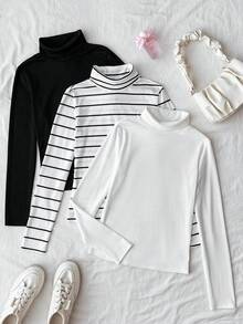 SHEIN 3件套青少年女孩黑色、白色、黑白条纹高领长袖修身T恤 - 黑與白 - 查看 4