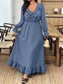 Weeklong Plus Size Women Solid Color Ruffle Collar Front Tie Long Sleeve Elegant Dress - Blue - View 7
