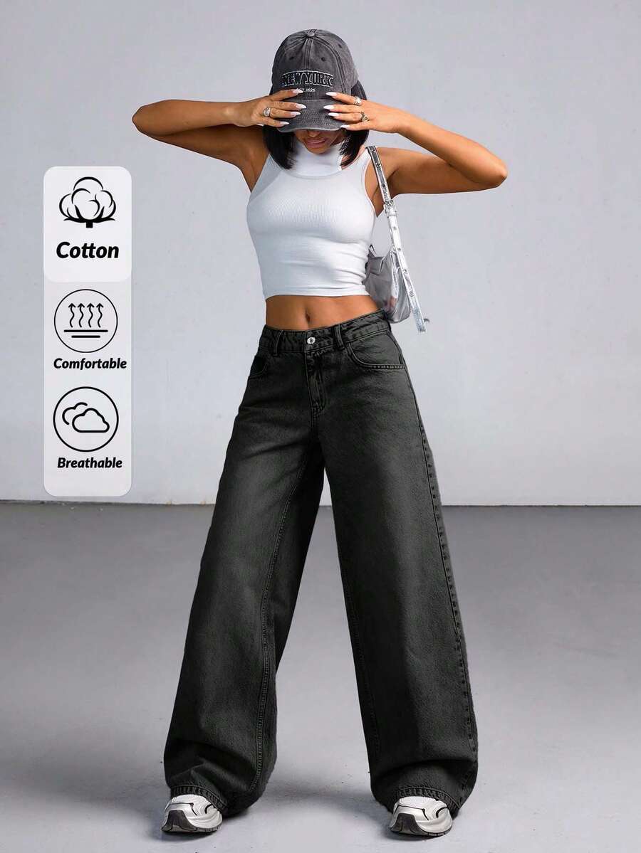 CasuGlow Jeans de pierna ancha con lavado pesado y talle bajo para mujer - Gris Oscuro - Ver 1