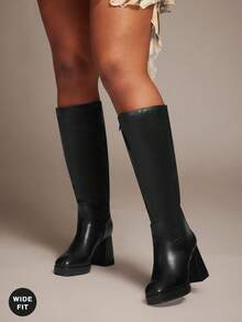 SHUZIA 女式宽筒日常休闲舒适圆头粗跟及膝靴 - 黑色 - 查看 2