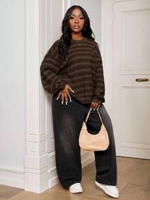 SHEIN PETITE CURVE Plus Size Plus Size Crew Neck Striped Jumper Spring Casual Y2k 90's Stripe Plus Size Airport/Winter - Coffee Brown - View 6