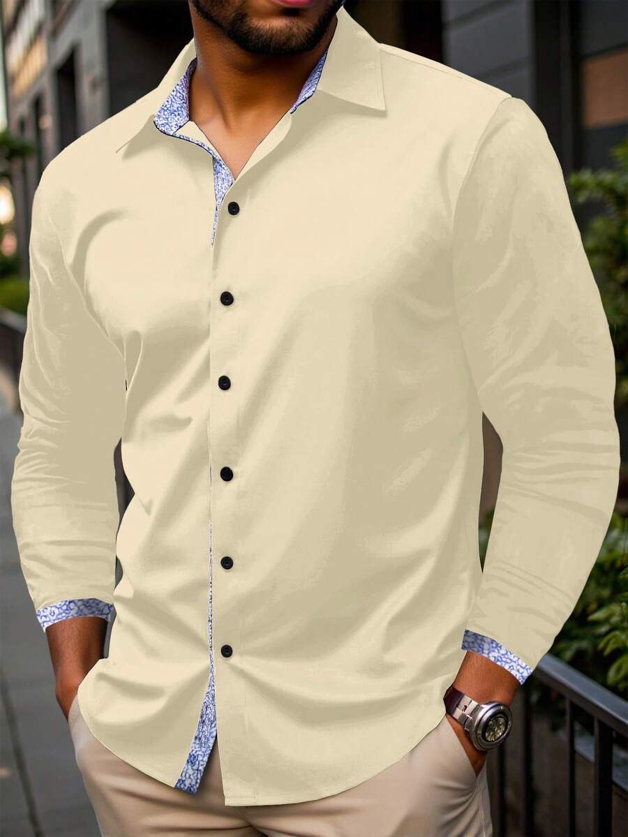 Manfinity Homme Camisa casual versátil com botões na frente, manga longa e ombros regulares, Plus Size, para homens, bege, creme, cáqui