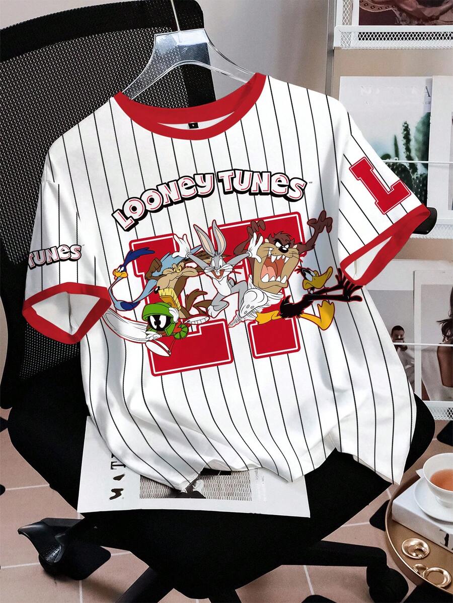 LOONEY TUNES X SHEIN Women's Casual Striped Contrast Trim Cartoon Pattern Round Neck Short Sleeve T-Shirt, Summer - White - View 1