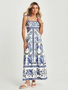 CAJUNI Women's Floral Print Hollow Out Waist Vacation Slip Dress