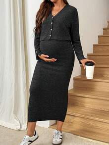 SHEIN Umstandsmode einfarbiger Langarm-Cardigan, Weste mit quadratischem Ausschnitt und verstellbarer Taille Midi-Rock Lässig Anzug, Herbst - Schwarz - Übersicht 6