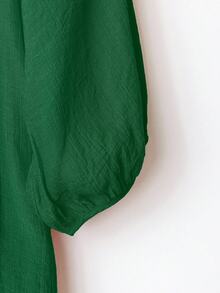 Linhara Plus Size Women's Solid Color Round Neck Lantern Sleeve Pleated Loose Blouse - Dark Green - View 3