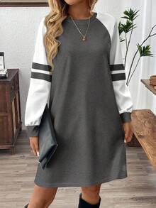 EMERY ROSE Váy ngắn tay raglan họa tiết sọc cổ tròn dài tay rộng thoải mái, đi làm hàng ngày, đơn giản, thoải mái cho mùa thu/đông - trắng - Xem 4