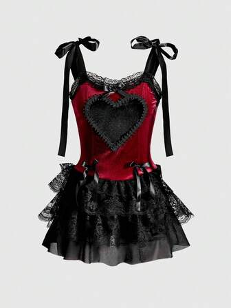 Goth Gotischer Retro-Palast-Stil Kontrastfarben Spitzenbesatz Kreuz Anhänger Herz Muster Samt Träger Kleid für Frauen