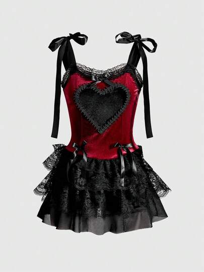 Goth Gothic Retro Palace Style Contrast Color Lace Trim Cross Pendant Heart Pattern Velvet Camisole Tie Strap Dress For Women