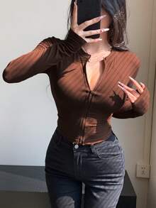 Joudiya Chaqueta corta ajustada de cuello redondo para mujer Y2K - Marrón - Ver 3