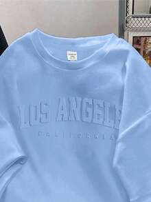 SHEIN EZwear Oversized Casual 3D Embossed English Slogan Graphic Round Neck Short Sleeve Loose T-Shirt For Women - Baby Blue - View 4