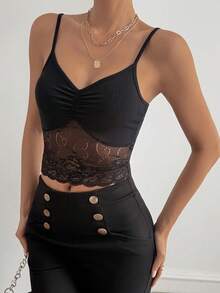 DAZY Women's Summer Lace Patchwork Cropped Fitted Sexy Casual Camisole Vacation - Black - View 5