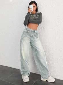 SHEIN Cottnline 100% COTTON HIGH WAIST BUTTON DETAILED WIDE LEG JEAN - Light Wash - View 6