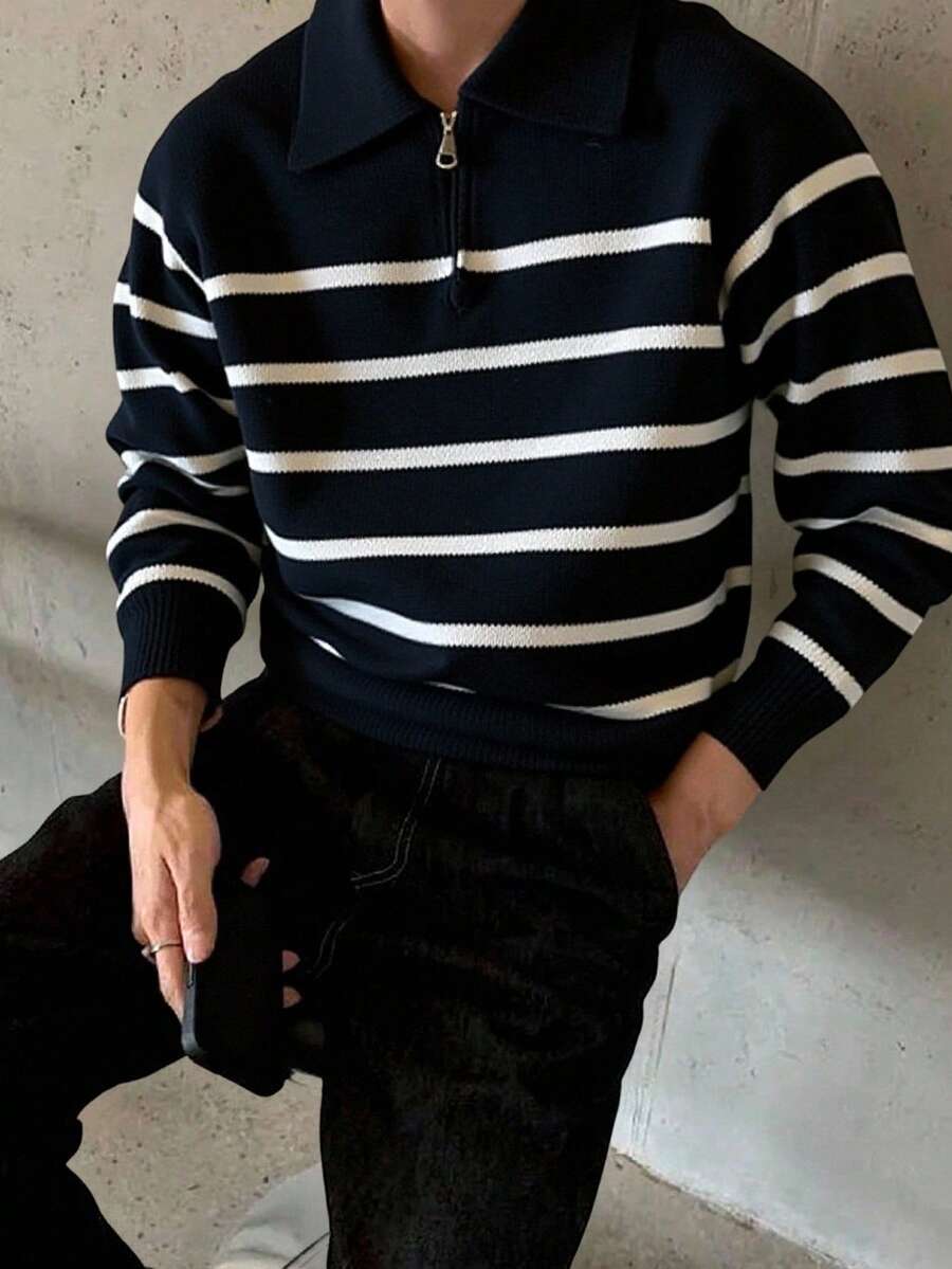 Claim Dot Autumn/Winter New Arrival Funnel Neck Half-Zip Up Long Sleeve Contrast Color Casual Pullover Sweater For Men Men Knitted Polo Fall Clothes For Men Polo Sweater Striped Sweater Men Long Sleeved Striped Men