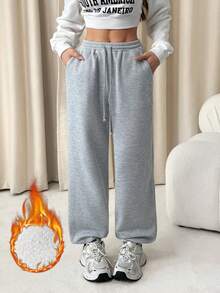 SHEIN PETITE 休闲宽松口袋纯色针织女裤 - 淺灰色 - 查看 3