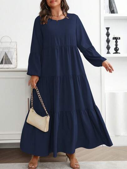 Vionelle Plus Size Women's Spring Summer Solid Round Neck Lantern Sleeve Ruffle Hem Loose Casual Dress Maxi Women Outfit Fall Cloth For Women