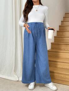 SHEIN Maternity Casual Versatile Wide-Leg Pants, Women's Wide-Leg Pants, Linen Wide-Leg Pants, Blue, Waist Tie  Women's Winter Clothes  Winter Clothing Wide Leg Pants Set Maternity 2 Piece Set Maternity Wide Leg Pants Maternity Clothes Pants Pregnancy Pants