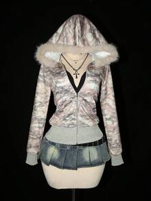 Elamini Moletom feminino casual minimalista com estampa camuflada vintage manga comprida com capuz, outono - Multicolorido - Ver 1