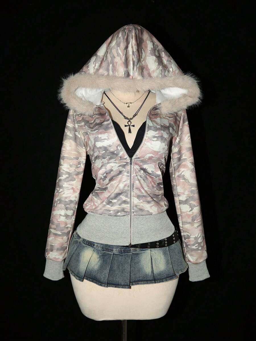 Elamini Moletom feminino casual minimalista com estampa camuflada vintage manga comprida com capuz, outono - Multicolorido - Ver 1