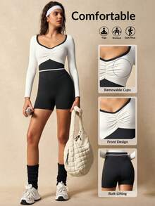 VARSIVA Women's Contrast Color Casual Long Sleeve Jumpsuit Bodysuits For Women Romper Tummy Control Romper Tummy Control Bodysuit Fitness Romper Long Sleeve Swimsuit Spring/Summer/Autumn/Winter, Casual Gym Yoga Outdoor Holiday Vacation Yoga - Multicolor - View 3