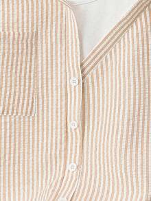 Franclia 时尚休闲条纹插肩短袖纹理蓝白条纹设计女式衬衫，夏季 - 卡其色 - 查看 6