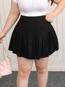 CovetEZ Plus Size Women Summer Casual Commuting Simple Versatile College Style Solid Color High Waist Pleated Short Skirt - Black - View 3