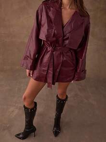 SHEIN BAE Women's Autumn/Winter Leather Belted Trench Coat In Solid Red The Perfect Choice For Commuting And Everyday Wear. This Red Leather Trench Coat Is An Elegant Outerwear Piece - Burgundy - View 3