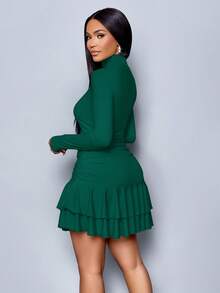 SOLERSUN Vestidos de Inverno para Mulheres, Vestidos Elegantes para Mulheres, Vestido Elegante de Malha com Gola Alta, Mangas Longas, Franzido e Babados Duplos, Cor Damasco, Comprimento Mini, Ideal para Festas e Uso Diurno