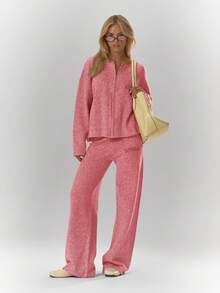 MUSERA Oversized Rib Knit Embroidered Zip Through Long Sleeve Cardigan Only Fall Autumn Cosy Cute Casual Coffee Club New Year Spring - Pink - View 3