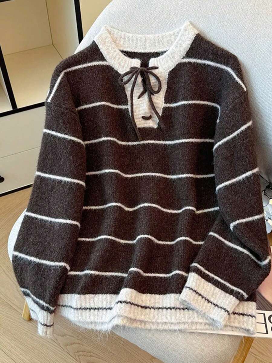 Resyla 休闲条纹舒适百搭通勤上衣 - 咖啡棕 - 查看 1