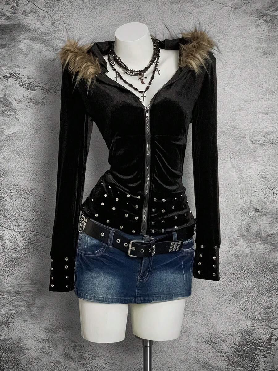 EgrlEra Áo nỉ trùm đầu màu đen dành cho nữ có cổ lông thú giả và trang trí bằng kim loại - Nhiều màu - Xem 1