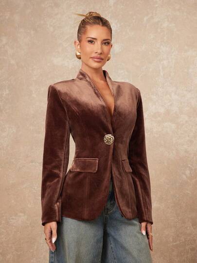 Lumalex VITNOS Winter Fall High-End Elegant Women's 1pc Women's Long Sleeve Deep V-Neck Waist Cinched Shoulder Pad Blazer Velvet Metallic Button Closure, Waist Cinched, Business Formal Solid Color Fashion Blazer, Spring/Autumn Brown Blazer Women Suit Jacket For Women Brown Jacket Women Women Blazers Luxury Prom Gathering Party Banquet Modest Old Money Coquette Glitter Holiday Party Rave Festival Outing Vacation Hot Outdoor Richly Layered Wedding Season Banquet ID Al-Adha Al-Adha Party New Year Glamour Elegant Cold-Weather Jackets