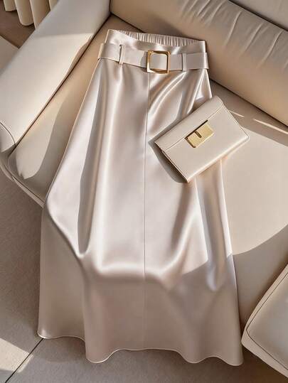 Regalyn Plus Size Women's Elegant Satin Metallic Waist Belt Decor A-Line Skirt, Autumn