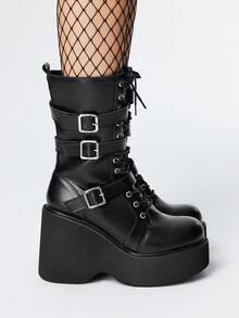 ROMWE Goth Bottes mi-mollet style punk à semelle épaisse et plateforme, noires mates pour femmes. Bottes de combat confortables avec bout rond, boucle métallique et décoration, style gothique. Idéal pour Halloween