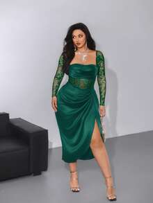 Viva Relle 大码女式低胸长袖缎面蕾丝拼布镂空花卉中长连衣裙，褶皱，黑色，优雅复古休闲派对连衣裙 - 綠色 - 查看 4