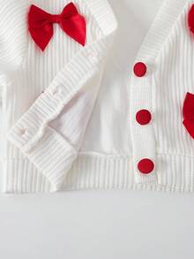 Elladie kids 2 件套年轻女孩时尚红色圆领褶皱无袖连衣裙搭配白色罗纹长袖开衫夹克，可爱俏皮风格适合派对，春秋季 - 紅色 - 查看 9