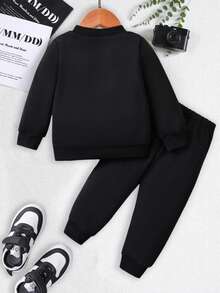 SHEIN 2件套男婴/男女通用婴儿6个月-3岁可爱图案黑色长袖圆领卫衣和裤子套装，适合秋冬季节，婴儿运动服套装，黑色运动套装，男婴冬季服装，男婴街头服饰，6个月-3岁 - 黑色 - 查看 2