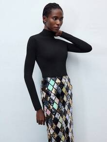 2025 都市经典黑色高领超长袖修身上衣，适合初秋、返校季、女士冬季服装，Maija 2025 秋冬女装，毛衣，万圣节服装，万圣节女装，圣诞节毛衣，黑色上衣 - 黑色 - 查看 7